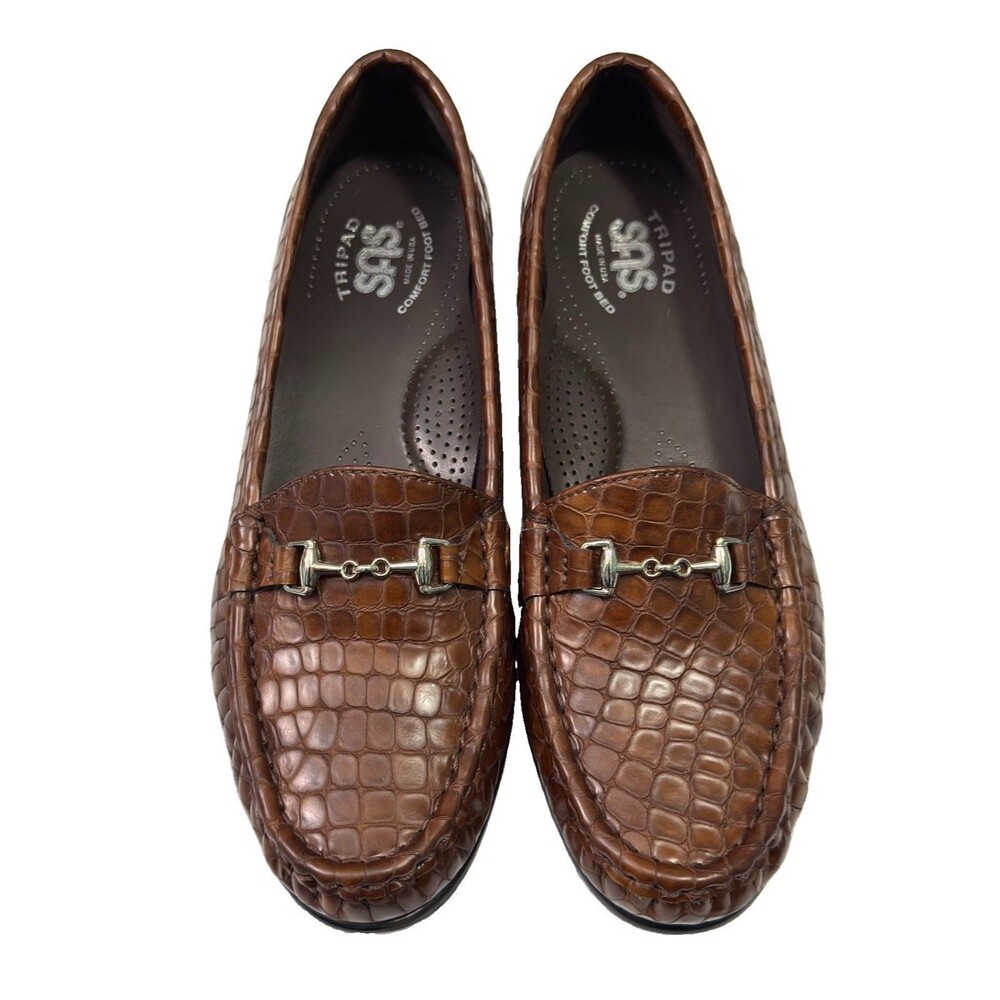 SAS Metro Loafers Women's Size 8 N Narrow Cognac Croc Leather Horsebit Comfort